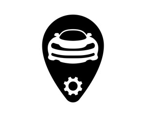Poster - sleek, minimalist icon featuring a car within a map pin, combined with a gear. symbolizes automotive