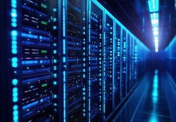 Poster - Futuristic row of glowing blue data servers in a high-tech data center environment, ideal for cybersecurity concepts, cloud infrastructure presentations, IT marketing, or digital storage visuals