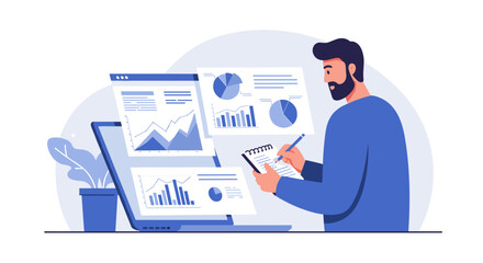 Poster - Business data analysis concept: professional examining reports and charts for strategic insights vector illustration
