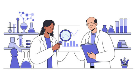 Poster - Scientific research discussion with chemists analyzing data and graphs vector illustration