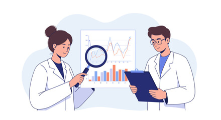 Poster - Business data analysis with professionals in lab coats for research and strategy development vector illustration