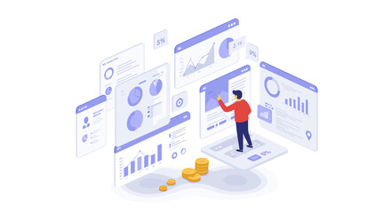 Poster - Financial data analysis and visualization with interactive charts in isometric illustration design vector illustration