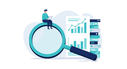 Poster - Data analysis and research concept illustration with magnifying glass and charts vector illustration
