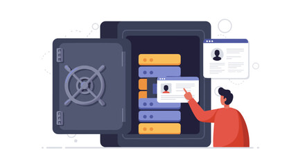 Poster - Data security concept with person managing digital vault for information storage vector illustration