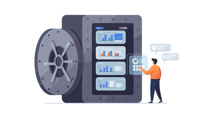Poster - secure digital data vault with analytics charts and user interface design vector illustration