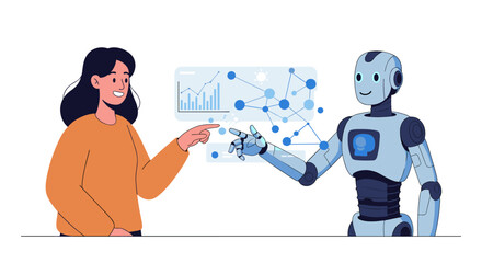 Poster - Human and robot collaborating on data analysis in futuristic technology setting vector illustration