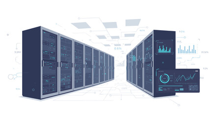 Poster - Futuristic data center with digital interface for technology and analytics concepts vector illustration