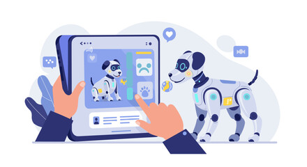 Poster - Exploring futuristic robotics with interactive robot dog and tablet interface for technology innovation design vector illustration