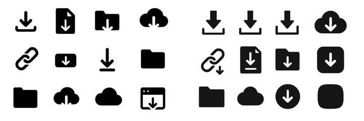 Aufkleber - Download and upload icons displayed in black and white representing various digital file actions and storage options