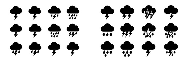 Aufkleber - Various weather icons illustrating rain, thunderstorms, and lightning in a minimalist design