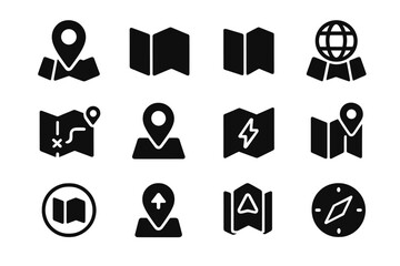 Poster - Collection of black map and location icons showcasing navigation and geographic features for design use