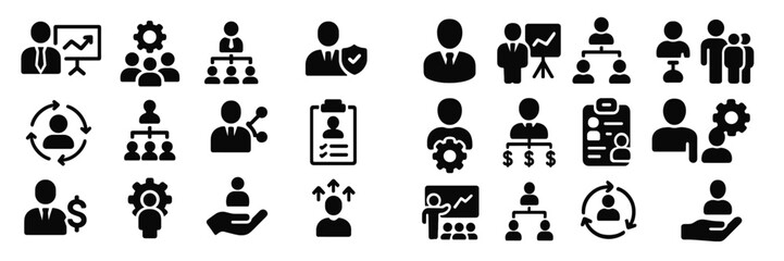 Poster - Icons representing various aspects of business management and teamwork in a professional setting