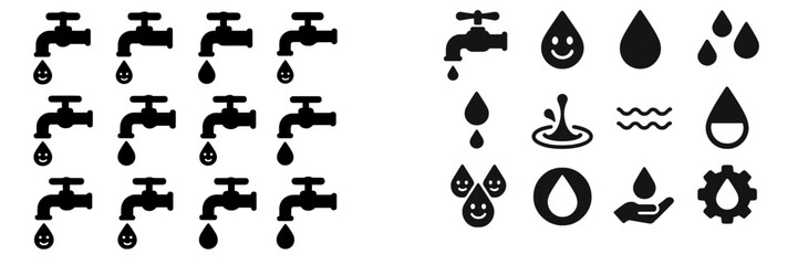 Poster - Water faucet icons and droplets represent hydration and resource conservation in a simple design