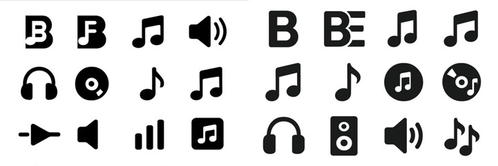 Aufkleber - Collection of musical icons symbolizing sound, music, and audio equipment in black color on a white background