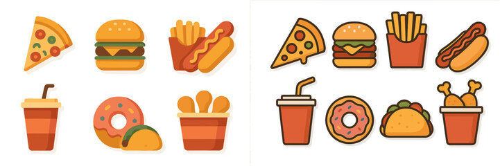 Poster - Colorful fast food icons featuring popular items such as pizza, burgers, and drinks arranged in a playful layout