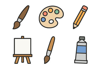 Aufkleber - Art supplies including brushes, paint, pencils, and canvas ideal for creative projects and artistic expression in a studio setting