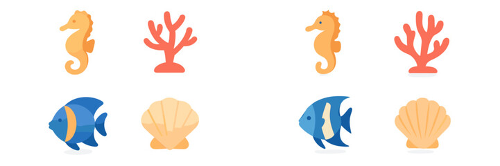 Poster - Colorful marine life illustrations featuring seahorses, coral, fish, and shells displayed in a playful arrangement