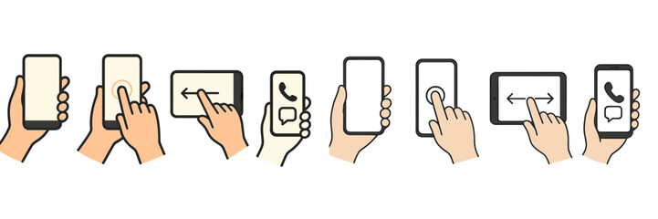 Fototapete - Hands interacting with various touchscreen devices demonstrating gestures in a minimalistic style