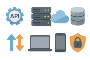 Poster - Software integration and data security concepts depicted through icons representing API, servers, cloud storage, and devices