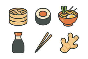 Poster - Delicious Asian cuisine featuring sushi, noodles, and condiments in a vibrant display of flavors