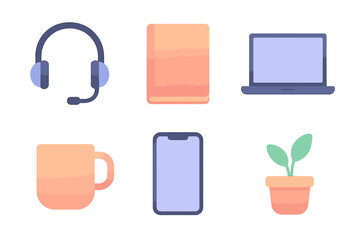 Aufkleber - Working from home setup includes headphones, a laptop, a notepad, a smartphone, a coffee mug, and a plant