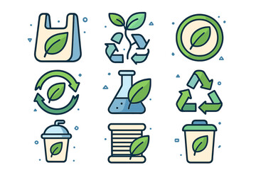 Poster - Vector illustrations of eco-friendly symbols emphasizing recycling and sustainability in a creative layout