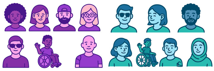 Poster - Diverse group of people featuring different appearances, abilities, and expressions in a colorful illustration