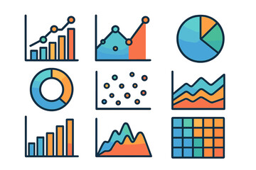 Fototapete - Colorful and modern data visualization elements showcasing graphs, charts, and statistical data analysis designs in flat style