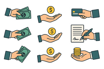 Aufkleber - Financial transactions illustrated through hands exchanging cash, coins, cards, and signed agreements in a simple layout