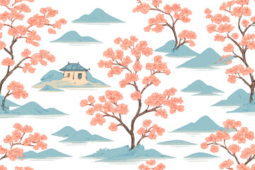 Poster - Colorful cherry blossom pattern with mountains and traditional house in a serene landscape