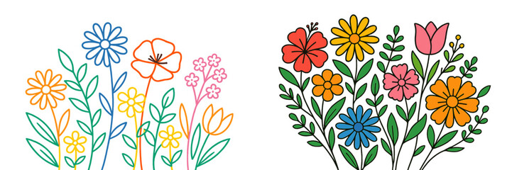 Poster - Vibrant collection of doodle-style flowers in a colorful botanical arrangement on a white background