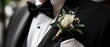 © Fernando - Elegant adult man wearing black tuxedo with white rose boutonniere Formal wear for groom or wedding guest Concept of celebration, marriage, and sophisticated style