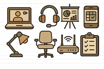 Poster - Various tools and elements for remote work setup including laptop, headset, projector, and office furniture