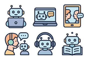 Poster - Various robots engaging in communication through technology in a modern digital environment