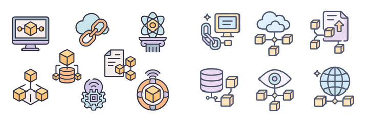 Leinwandbilder - Digital representations of technology concepts in a colorful vector style illustrating cloud computing, blockchain, and data management