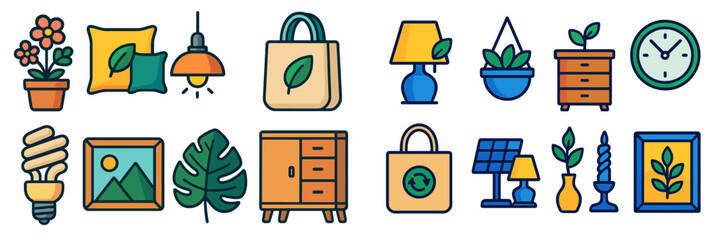 Aufkleber - Decorative icons representing eco-friendly living and home decor for sustainable lifestyle choices