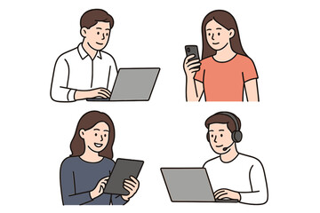 Poster - Four individuals engaged in digital communication and productivity in a modern workspace environment