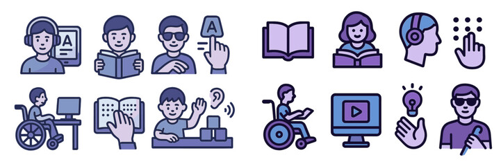 Poster - Diverse learning activities featuring various individuals engaged in educational tasks around technology and reading