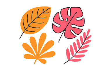 Aufkleber - Colorful leaf illustrations featuring tropical designs set against a white background