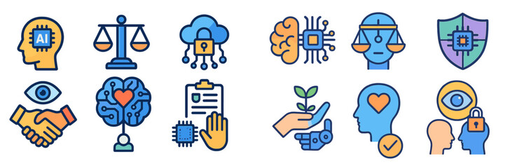 Poster - Visual representation of artificial intelligence, ethics, and cybersecurity concepts shown through colorful icons and symbols
