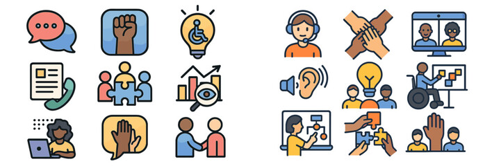 Aufkleber - Community engagement and collaboration symbols representing diverse activities and support networks in a modern workspace