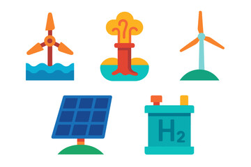 Poster - Renewable energy sources illustrated with wind turbines, solar panels, and hydrogen storage concepts