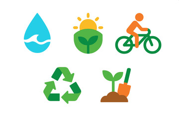 Poster - Icons representing environmental sustainability and eco-friendly practices in a vibrant and simple flat design style