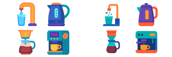 Poster - Colorful kitchen appliances for brewing coffee and water in a modern design with a vibrant aesthetic