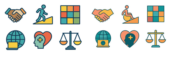 Poster - Icons representing collaboration, accessibility, and health on a creative background