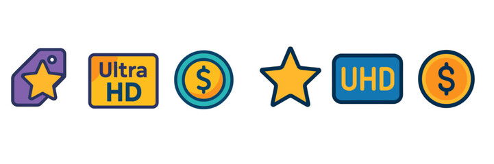 Leinwandbilder - Colorful icons depicting premium offerings including Ultra HD and dollar signs in digital design