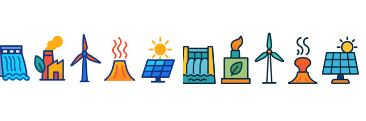 Aufkleber - Energy sources depicted through colorful illustrations showcasing water, wind, solar, and geothermal power technologies