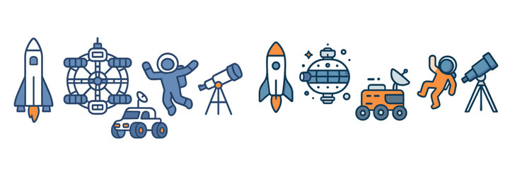 Poster - Exploring space through rockets, astronauts, and telescopes in a vibrant cosmic theme