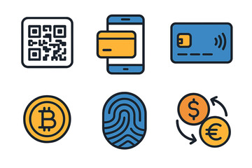 Poster - Digital payments technology featuring QR code, mobile wallet, and cryptocurrency icons for modern transactions