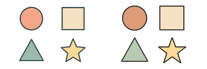 Poster - Geometric shapes arranged in pairs showcasing circles, squares, triangles, and stars in pastel colors with clear outlines